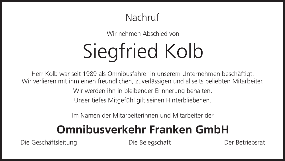  Traueranzeige für Siegfried Kolb vom 29.07.2023 aus MGO