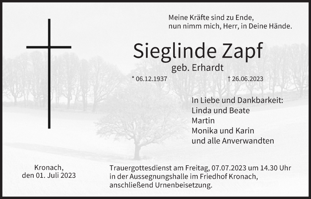  Traueranzeige für Sieglinde Zapf vom 01.07.2023 aus MGO