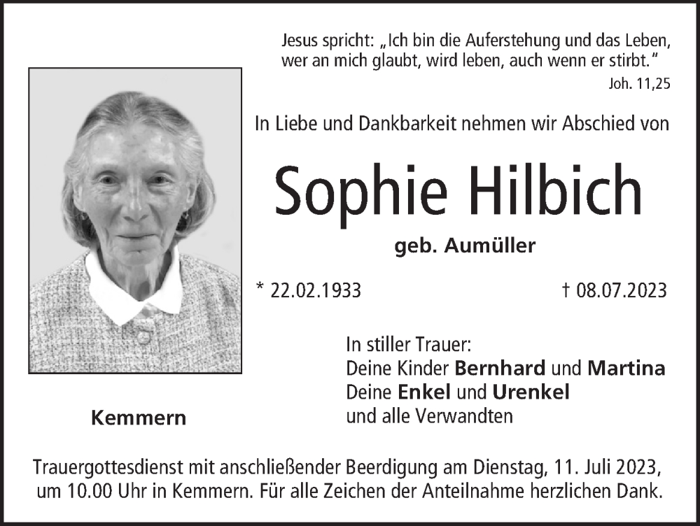 Traueranzeige für Sophie Hilbich vom 11.07.2023 aus MGO