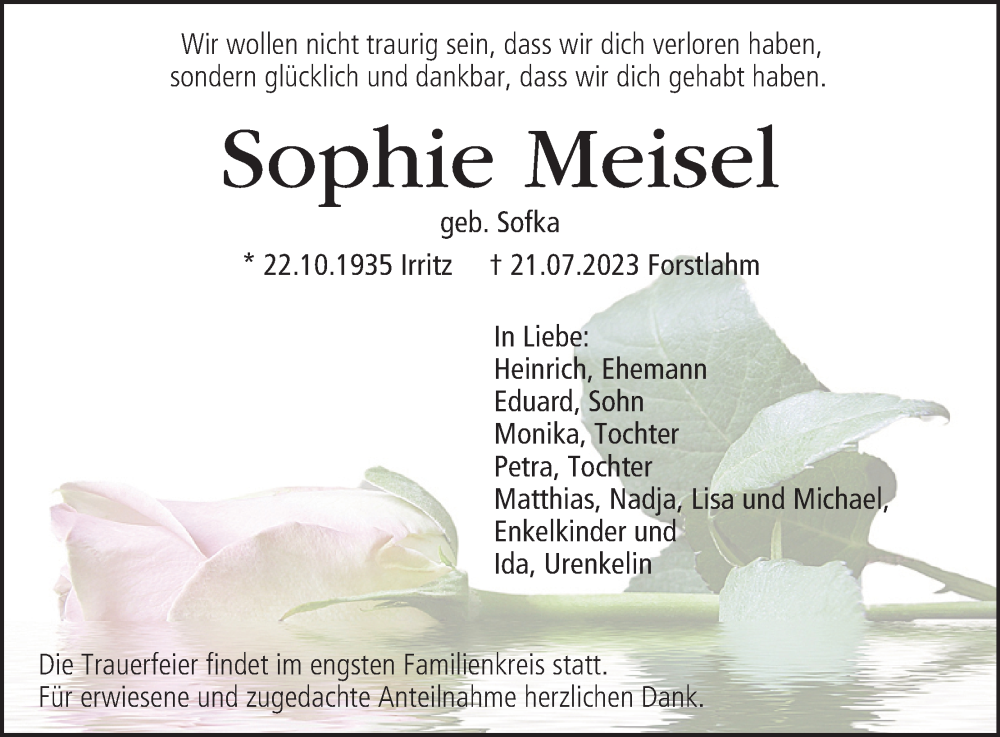  Traueranzeige für Sophie Meisel vom 28.07.2023 aus MGO