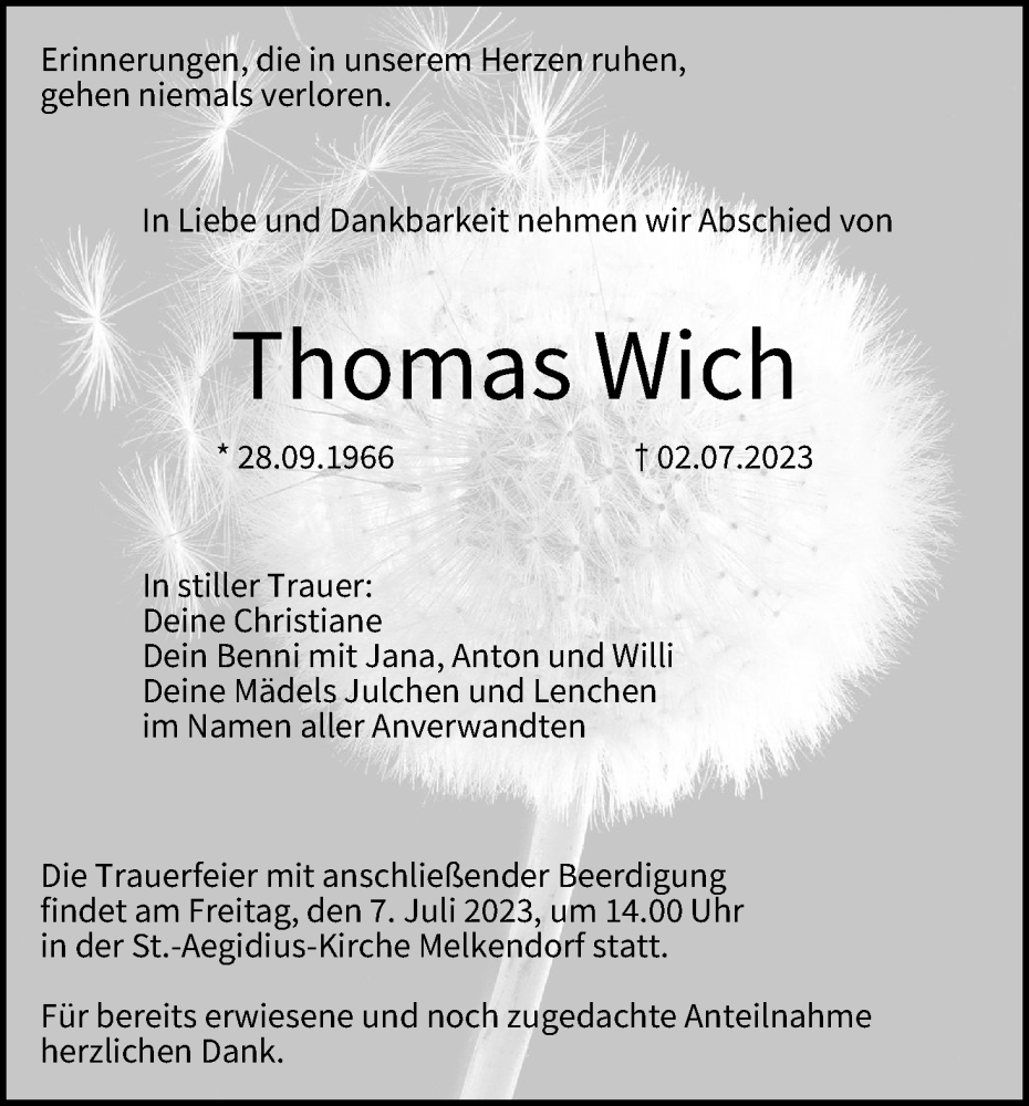  Traueranzeige für Thomas Wich vom 05.07.2023 aus MGO