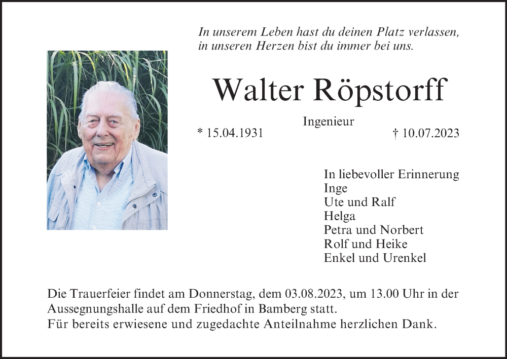  Traueranzeige für Walter Röpstorff vom 29.07.2023 aus MGO