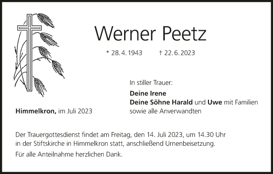 Anzeige von Werner Peetz von MGO