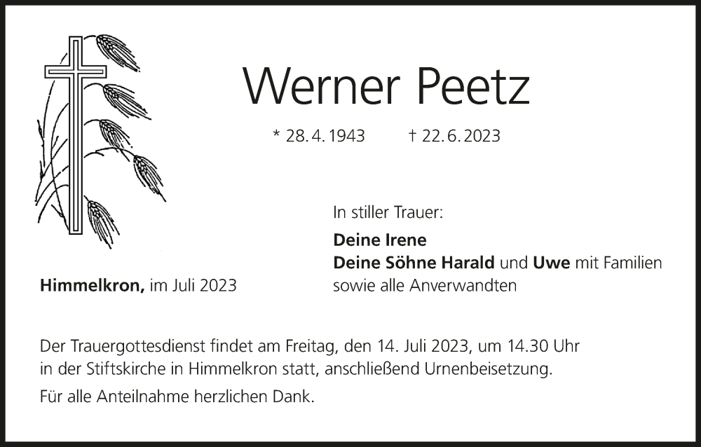  Traueranzeige für Werner Peetz vom 11.07.2023 aus MGO