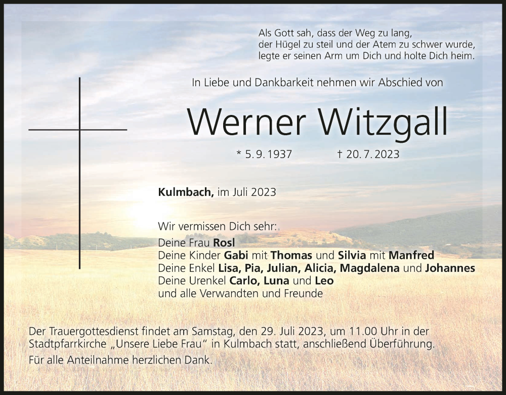  Traueranzeige für Werner Witzgall vom 26.07.2023 aus MGO