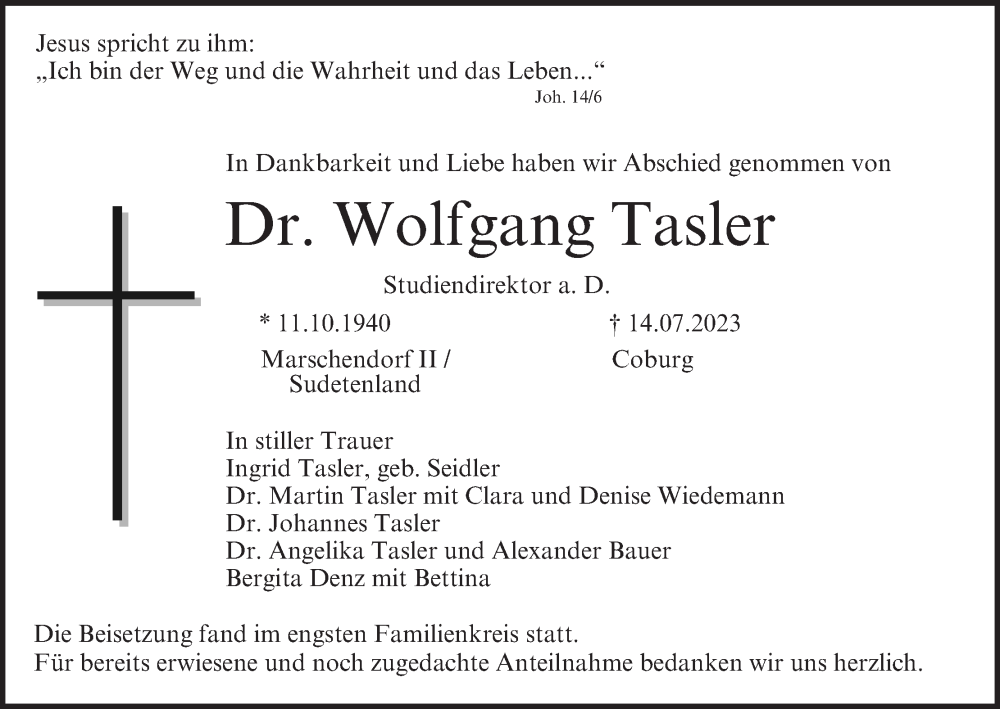  Traueranzeige für Wolfgang Tasler vom 25.07.2023 aus MGO