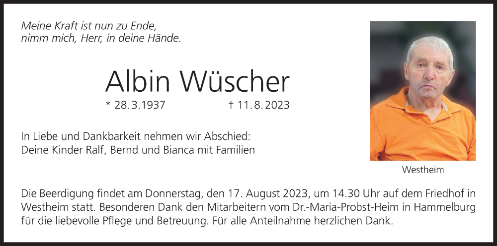  Traueranzeige für Albin Wäscher vom 15.08.2023 aus MGO