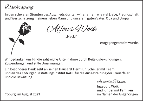 Anzeige von Alfons Woik von MGO