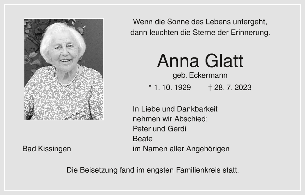  Traueranzeige für Anna Glatt vom 12.08.2023 aus MGO