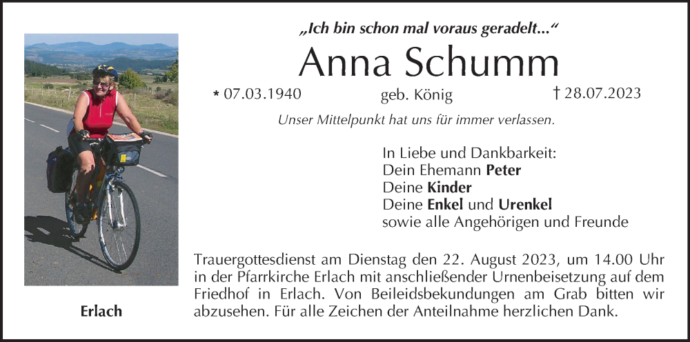  Traueranzeige für Anna Schumm vom 19.08.2023 aus MGO