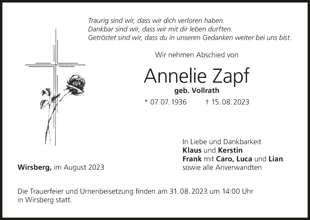  Traueranzeige für Annelie Zapf vom 26.08.2023 aus MGO