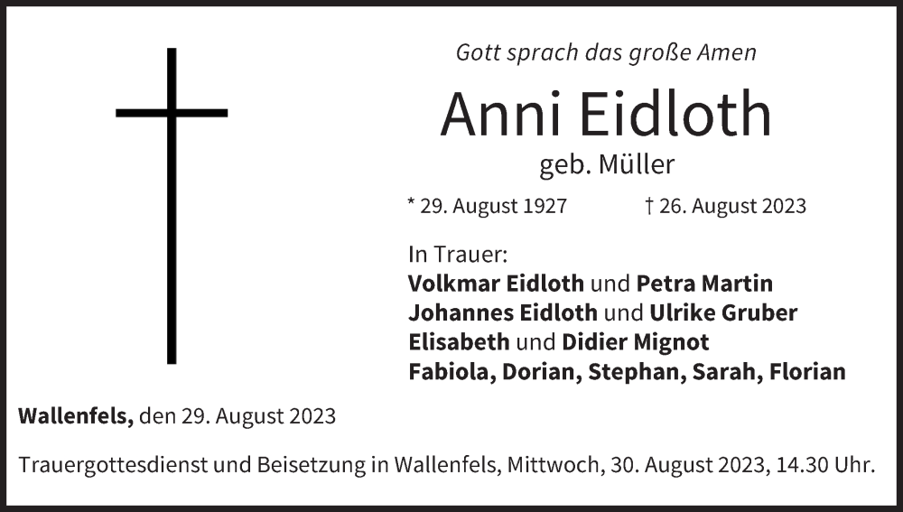  Traueranzeige für Anni Eidloth vom 29.08.2023 aus MGO