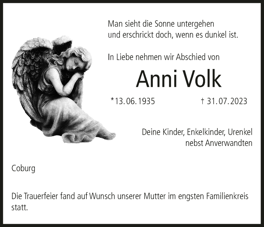  Traueranzeige für Anni Volk vom 19.08.2023 aus MGO