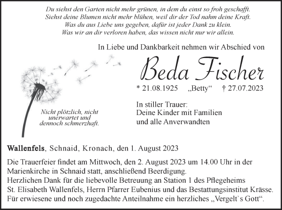 Anzeige von Beda Fischer von MGO