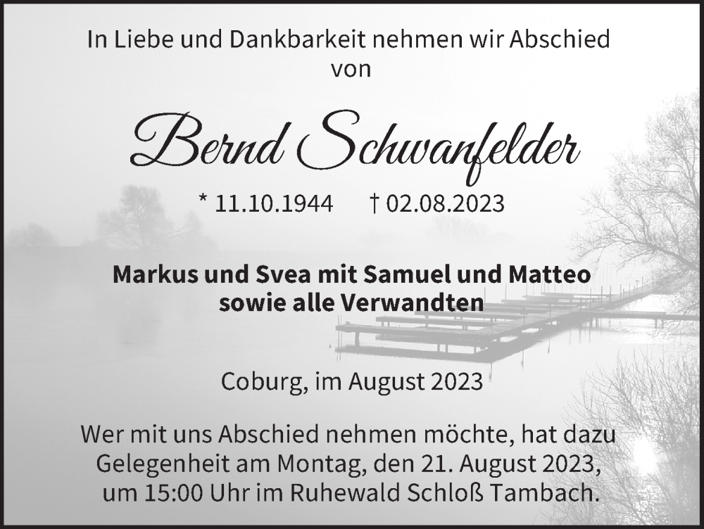  Traueranzeige für Bernd Schwanfelder vom 12.08.2023 aus MGO