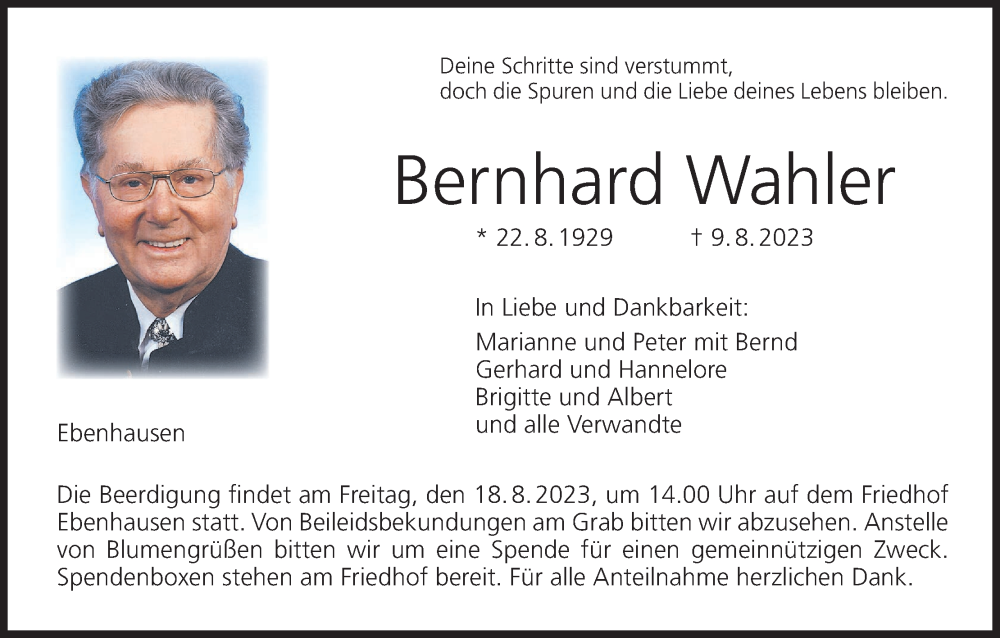  Traueranzeige für Bernhard Wahler vom 12.08.2023 aus MGO