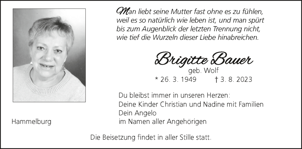  Traueranzeige für Brigitte  Bauer vom 12.08.2023 aus MGO