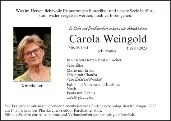 Anzeige von Carola Weingold von MGO