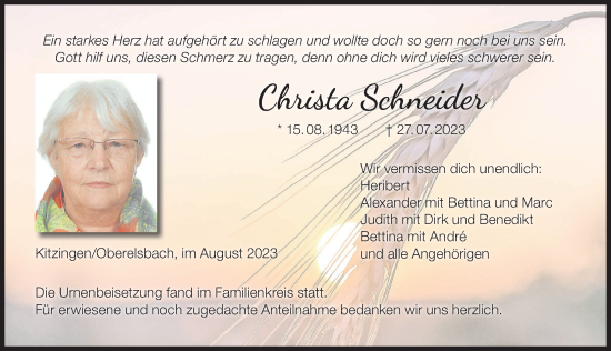 Anzeige von Christa Schneider von MGO
