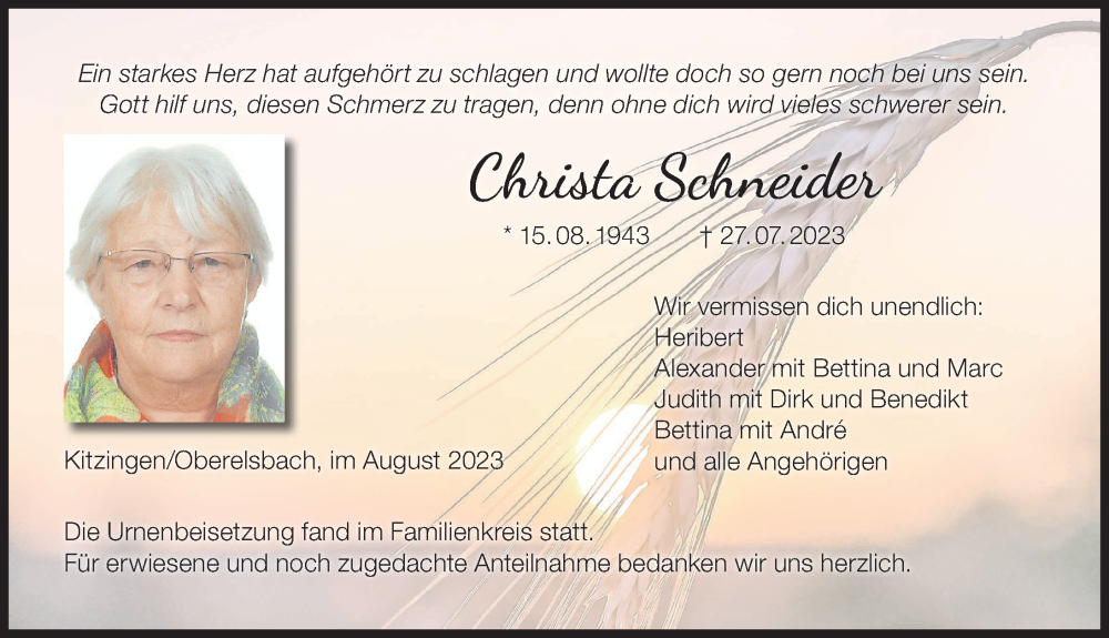  Traueranzeige für Christa Schneider vom 12.08.2023 aus MGO