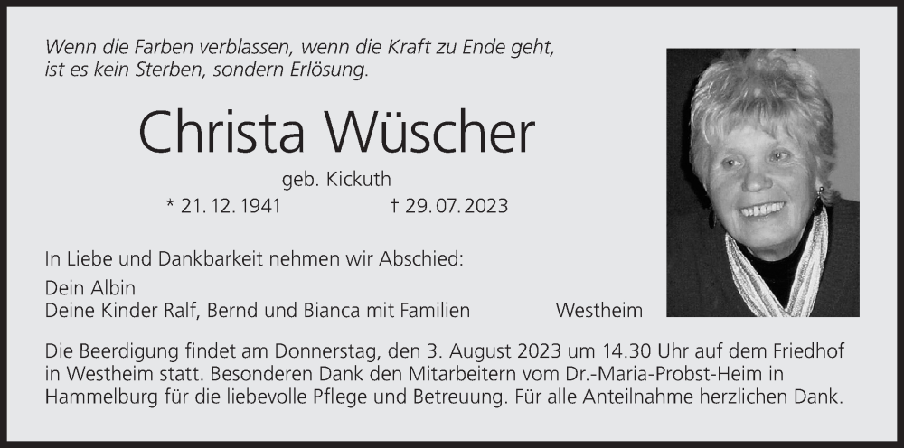  Traueranzeige für Christa Wüscher vom 01.08.2023 aus MGO