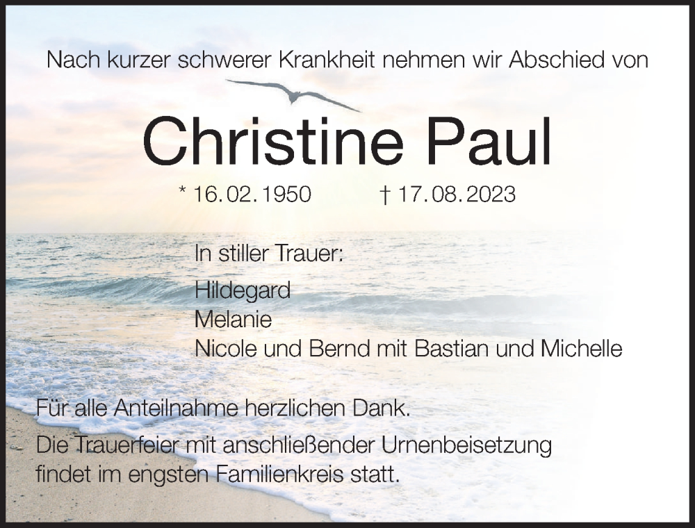  Traueranzeige für Christine Paul vom 22.08.2023 aus MGO