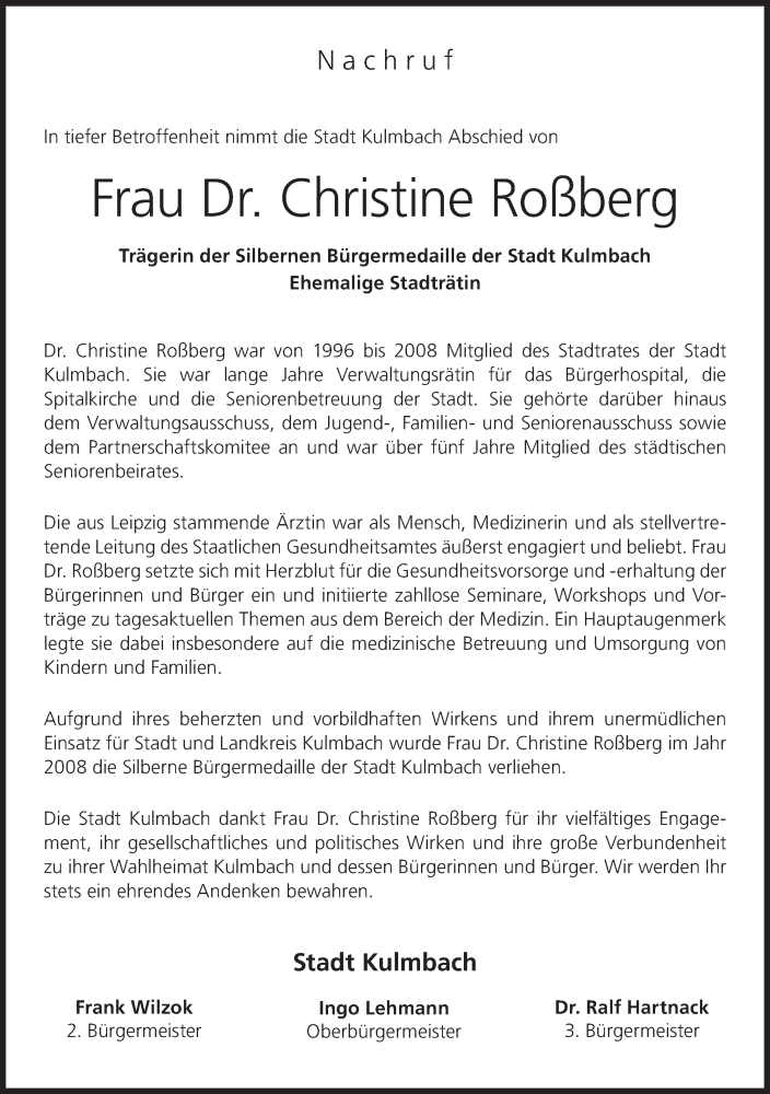  Traueranzeige für Christine Roßberg vom 18.08.2023 aus MGO