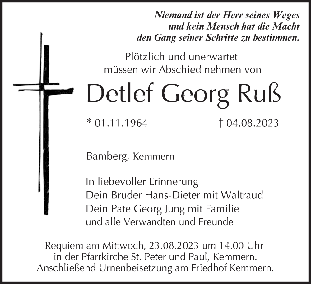  Traueranzeige für Detlef Georg Ruß vom 19.08.2023 aus MGO