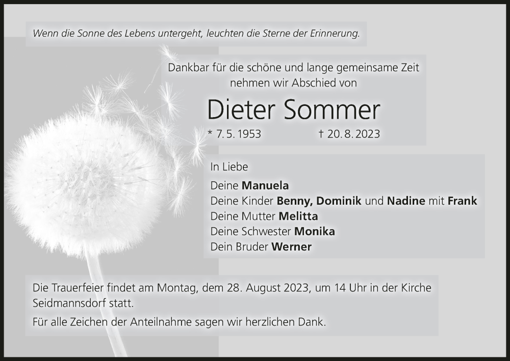  Traueranzeige für Dieter Sommer vom 24.08.2023 aus MGO
