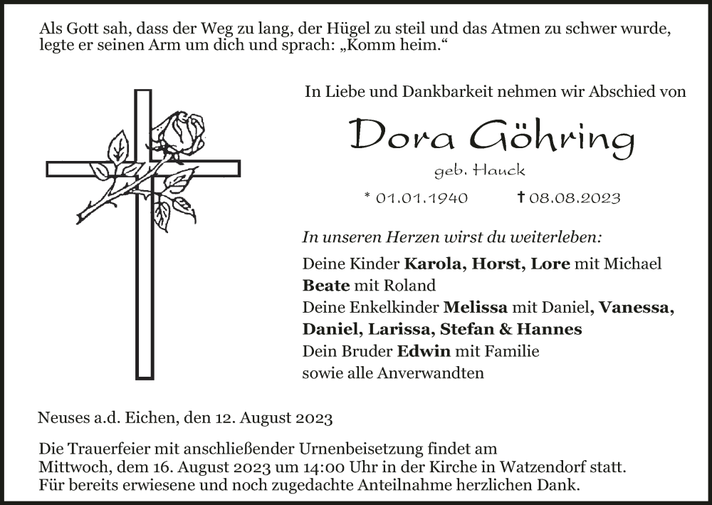  Traueranzeige für Dora Göhring vom 12.08.2023 aus MGO