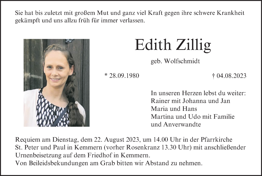  Traueranzeige für Edith Zillig vom 19.08.2023 aus MGO