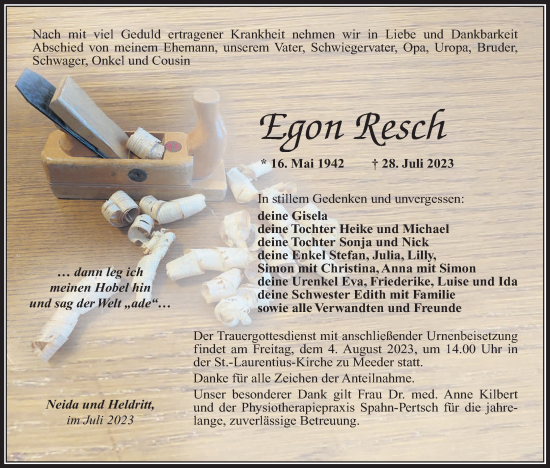 Anzeige von Egon Resch von MGO