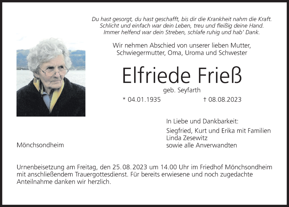  Traueranzeige für Elfriede Frieß vom 22.08.2023 aus MGO