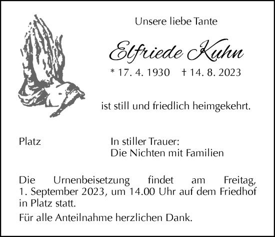 Anzeige von Elfriede Kuhn von MGO