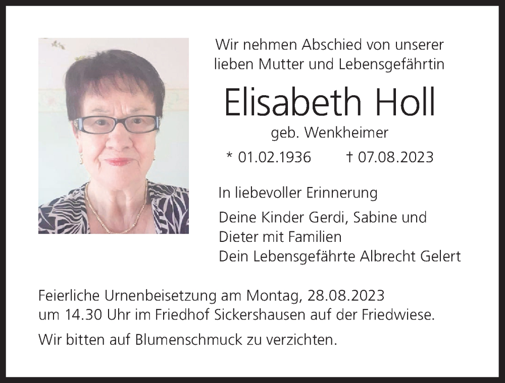  Traueranzeige für Elisabeth Holl vom 25.08.2023 aus MGO