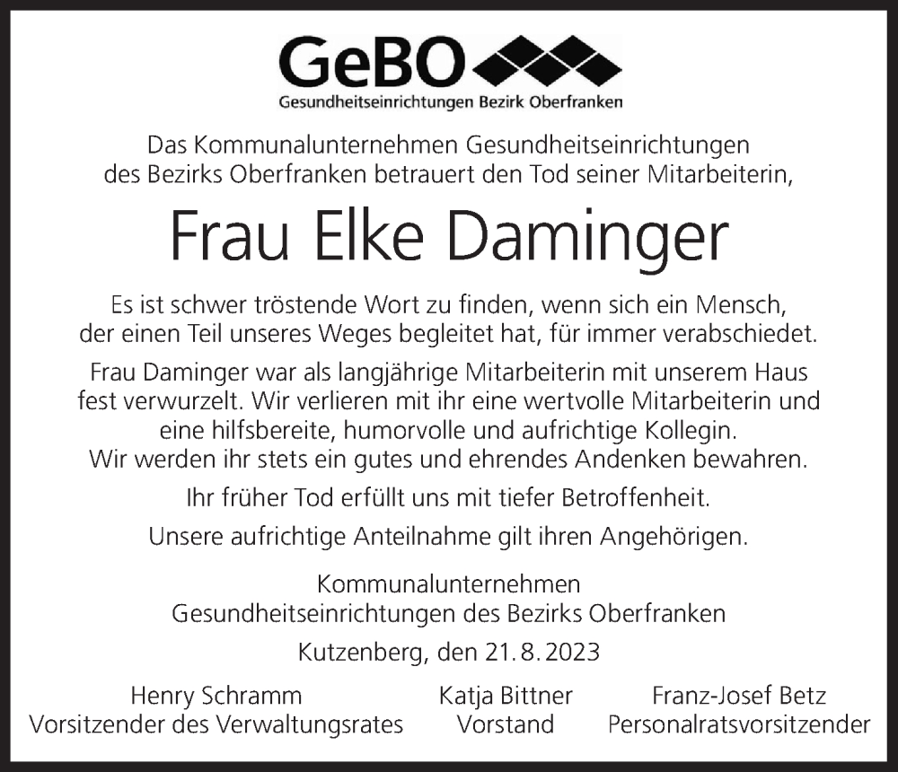  Traueranzeige für Elke Daminger vom 23.08.2023 aus MGO