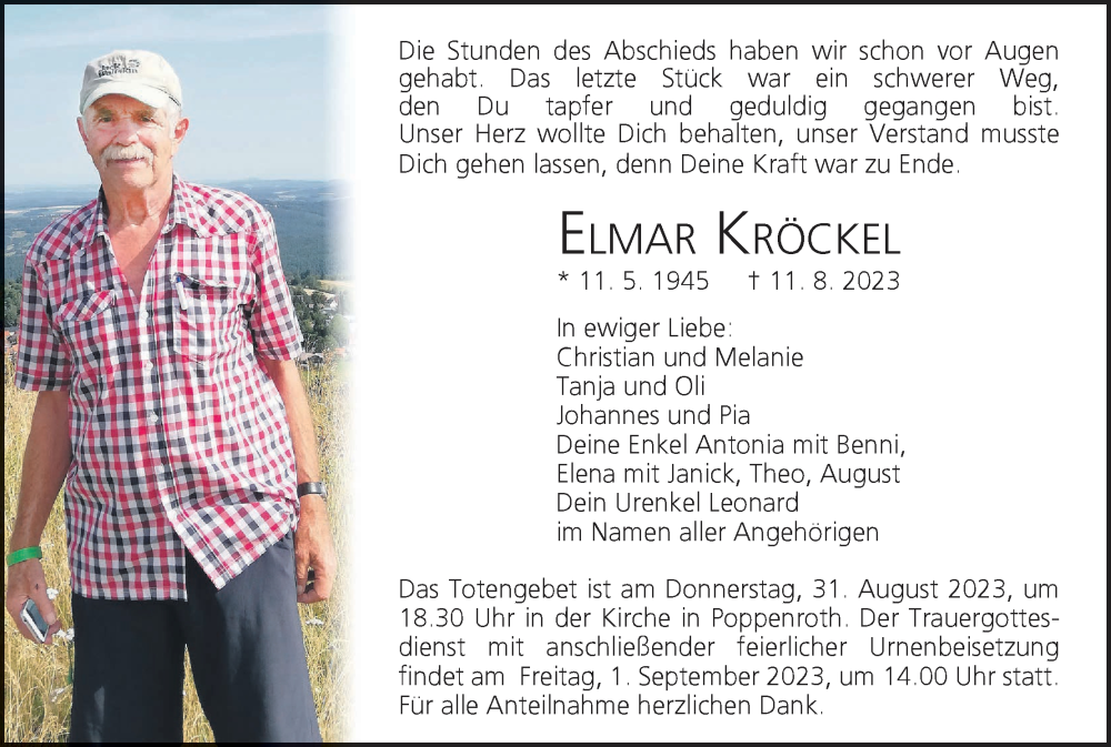  Traueranzeige für Elmar Kröckel vom 26.08.2023 aus MGO