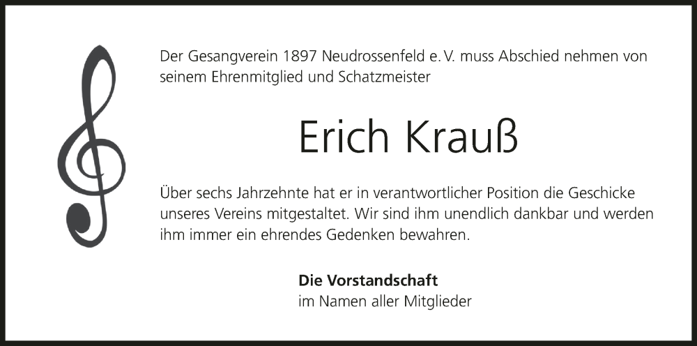  Traueranzeige für Erich Krauß vom 09.08.2023 aus MGO