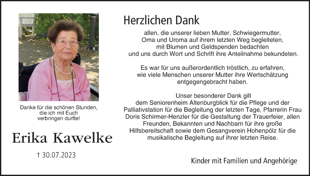  Traueranzeige für Erika Kawelke vom 19.08.2023 aus MGO