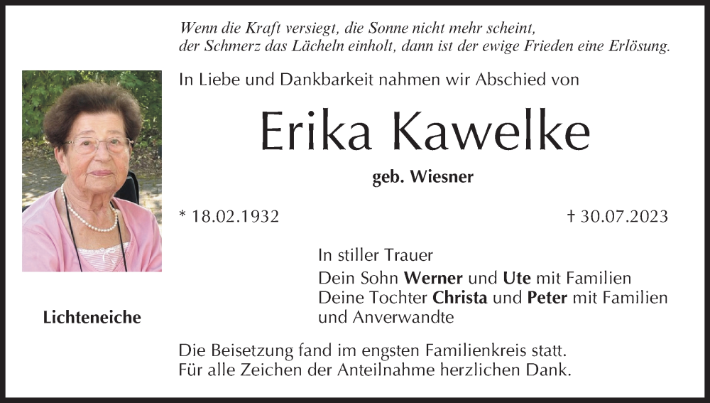  Traueranzeige für Erika Kawelke vom 12.08.2023 aus MGO