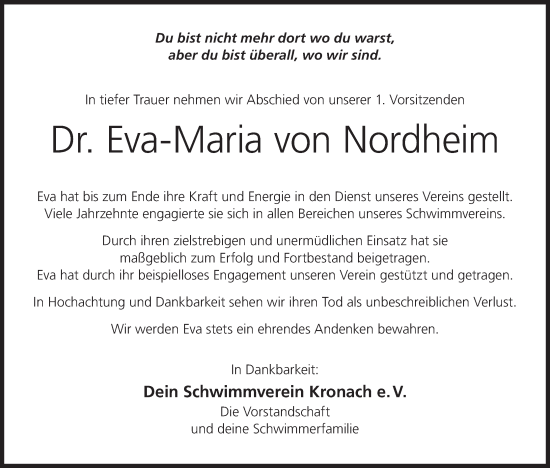 Anzeige von Eva-Maria von Nordheim von MGO