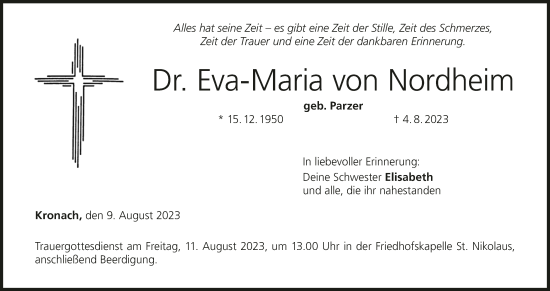 Anzeige von Eva-Maria von Nordheim von MGO