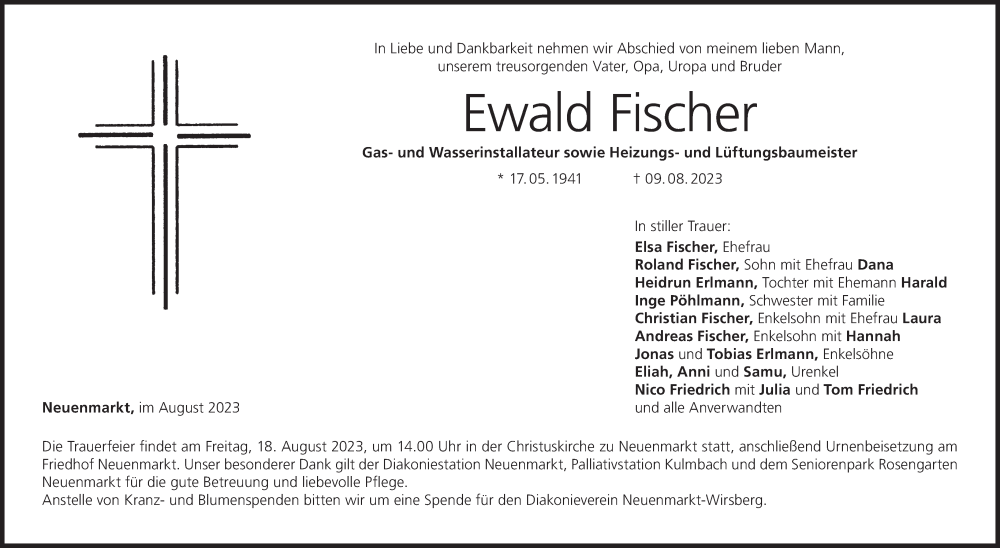 Traueranzeige für Ewald Fischer vom 15.08.2023 aus MGO