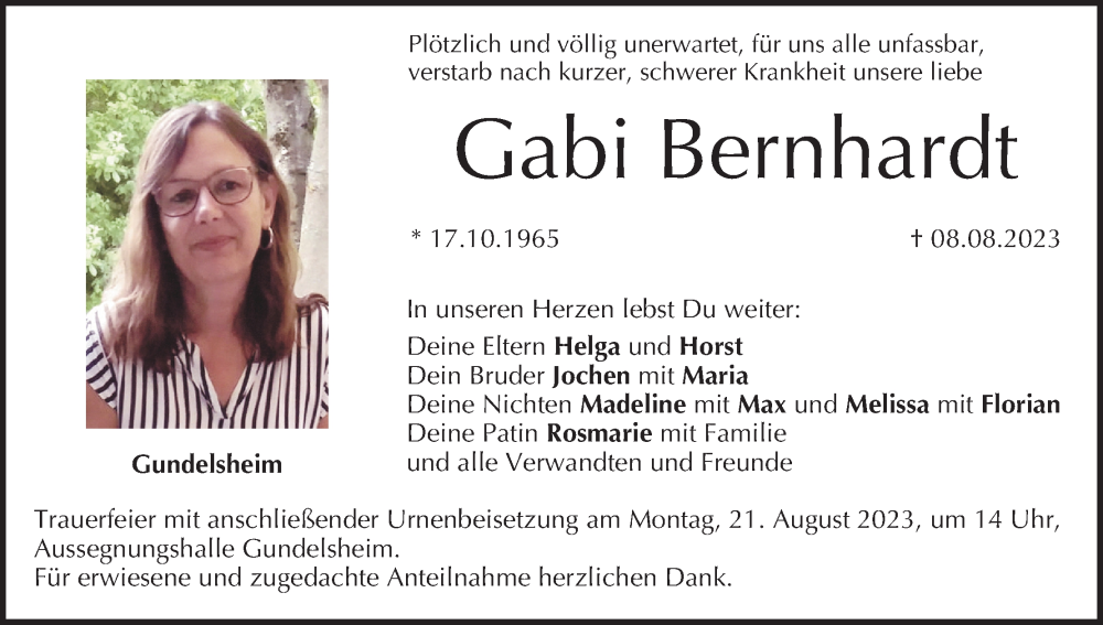  Traueranzeige für Gabi Bernhardt vom 19.08.2023 aus MGO