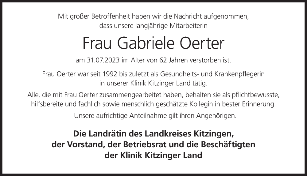 Traueranzeige für Gabriele Oerter vom 26.08.2023 aus MGO