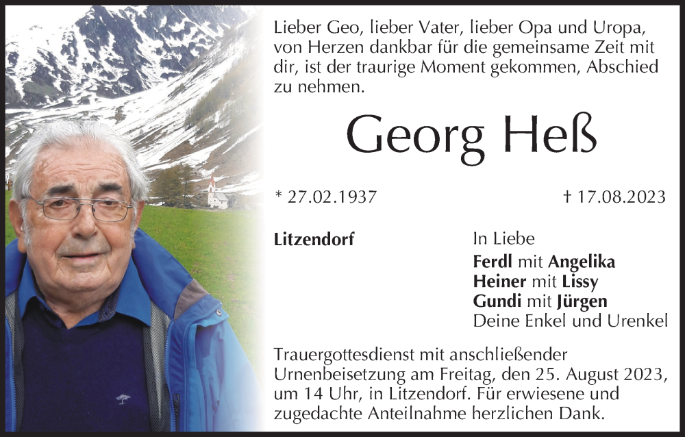  Traueranzeige für Georg Heß vom 19.08.2023 aus MGO