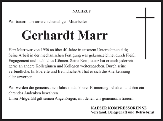 Anzeige von Gerhardt Marr von MGO