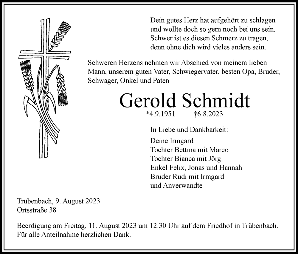  Traueranzeige für Gerold Schmidt vom 09.08.2023 aus MGO