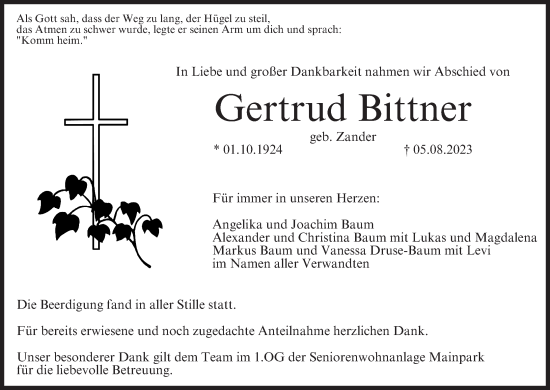 Anzeige von Gertrud Bittner von MGO