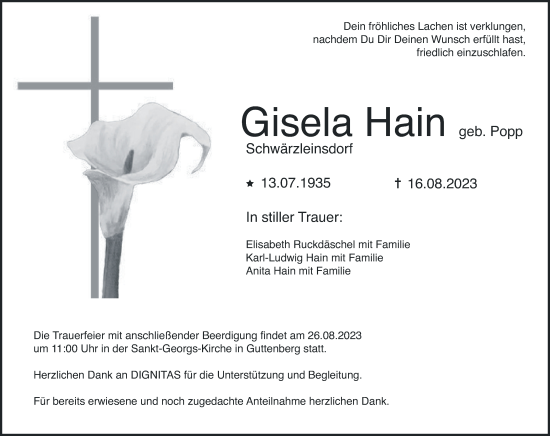 Anzeige von Gisela Hain von MGO